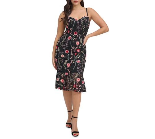 Women's Embroidered Lace Midi Dress - Black Multi