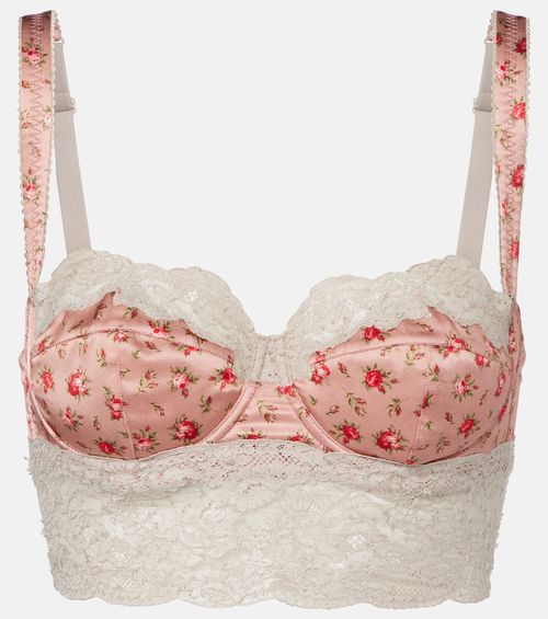 Floral lace-trimmed silk and cotton bra