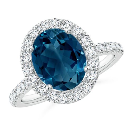 Angara 3.25 Carats Prong-Set Oval London Blue Topaz Halo Ring with Diamond Accents in Platinum
