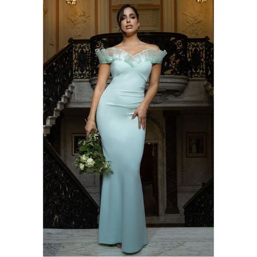 Goddiva Fan Pleated Bardot Scuba Crepe Maxi Dress - Mint Green