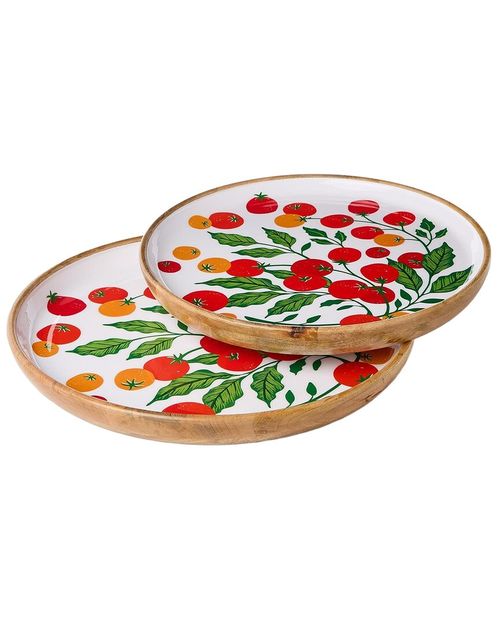 Set Of 2 Garden Harvest Hand-Crafted Wooden Round Trays With  Enamel