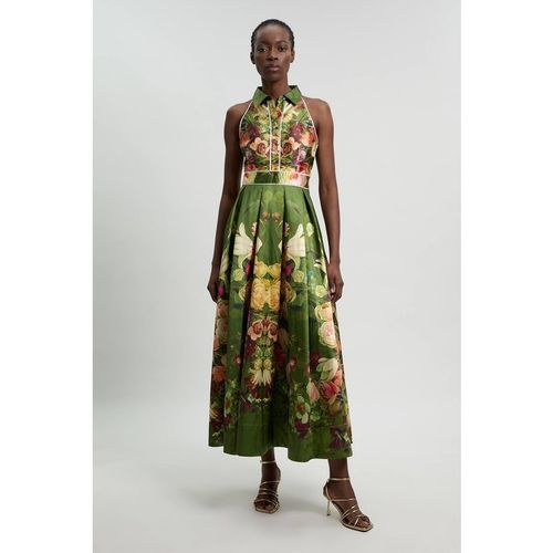 Karen Millen Women's Floral Twill Collared Maxi Dress in Khaki