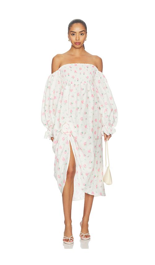 Sleeper Atlanta Linen Dress With Rose Detail in Cream. - L also in XS