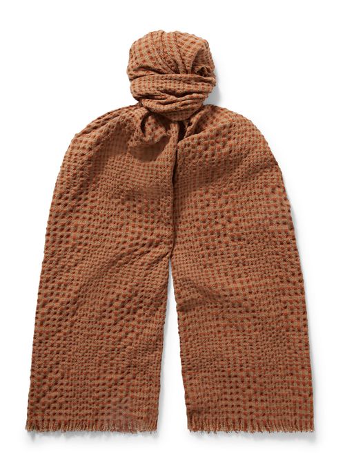 Frayed Checked Wool-Blend Seersucker Scarf - Men - Orange