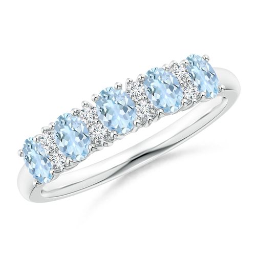 Angara 0.75 Carat Five Stone Aquamarine and Diamond Wedding Ring in 14K White Gold
