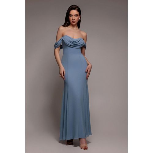 Goddiva Chiffon Bardot Cowl Neck Maxi Dress - Duskyblue