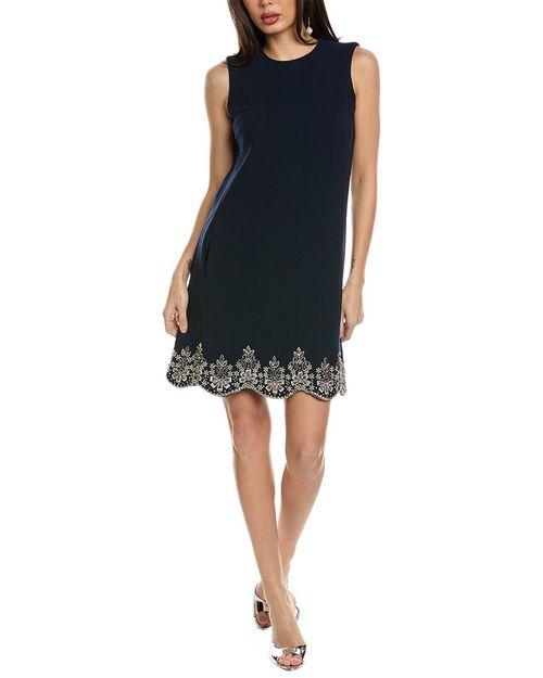 Sleeveless Crystal Scallop Embellished Silk-Lined Wool-Blend  Shift Dress