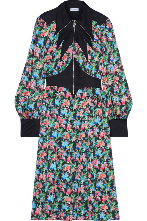 Satin twill-paneled floral-print crepe de chine dress