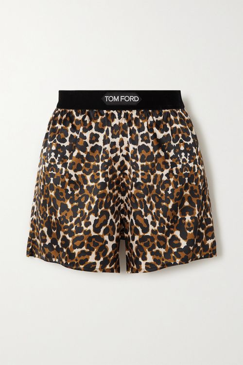 Shorts aus Satin aus einer Seidenmischung mit Samtbesatz und Leopardenmuster – Leopardenmuster – Größe xx