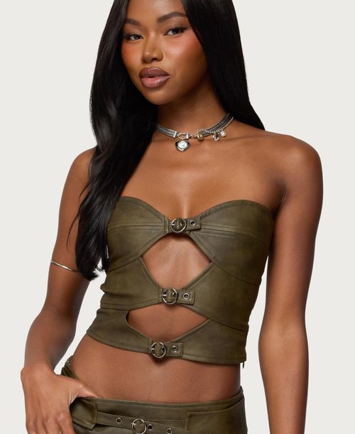 Women's Varley Buckle Cutout Faux Leather Top - Olive