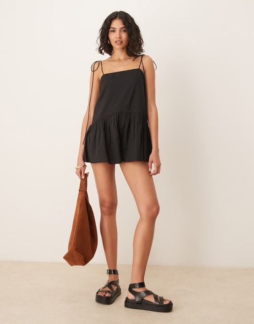 ASOS DESIGN skinny straps dropped waist full skirt romper in black