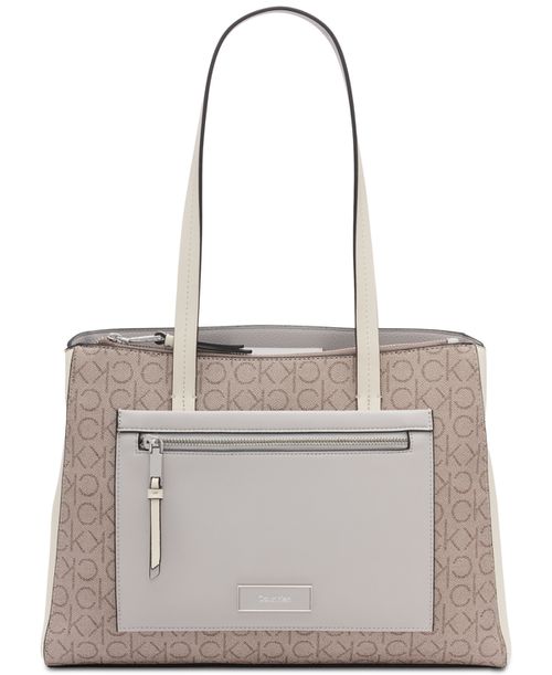 Hadley Signature Colorblocked Triple Compartment Tote - Almond Taupe/Cherub White/Dove