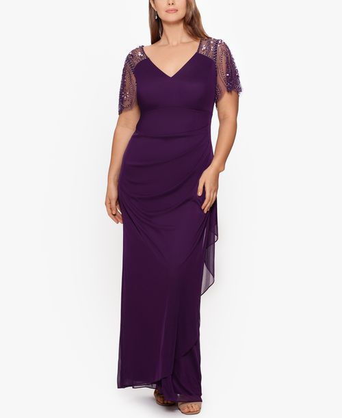 Xscape | Plus Size Embellished Sheer Matte Jersey Gown - Plum | Realry Xscape | Plus Size Embellished Sheer Matte Jersey Gown - Plum | Realry