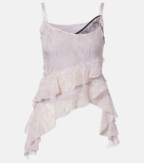 Printed ruffled asymmetric silk-blend top
