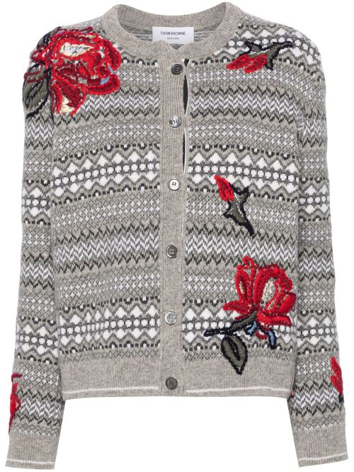 Floral-embroidered wool cardigan - Grey