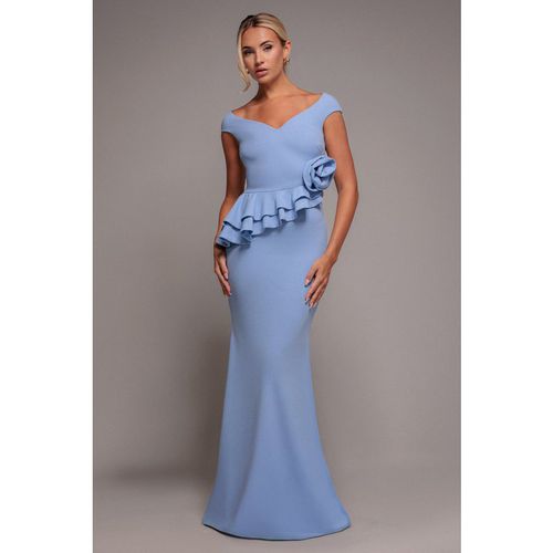 Goddiva Scuba Crepe Rose Frill Maxi Dress - Cornflower Blue
