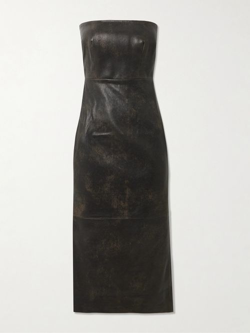 Strapless Leather Midi Dress - Brown