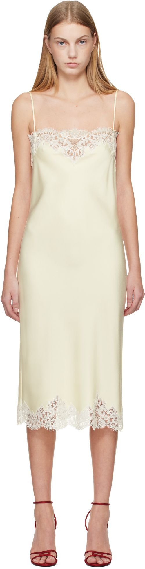 Off-White Sleeveless Lace Satin Midi Dress