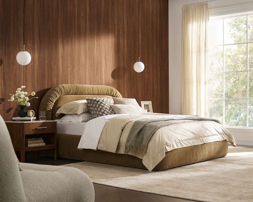 Camille Queen Size Bed, (Mila) Camel, Upholstered Headboard, Low-Profile Bed for Women