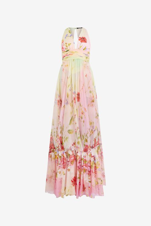 Long Chiffon Dress With Miami Flowers Print