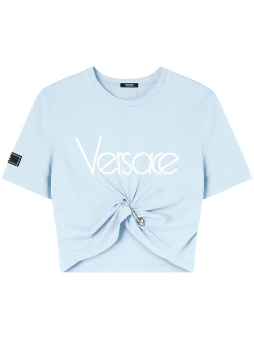 Logo-print cropped cotton T-shirt - Blue