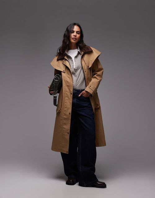 Cape detail longline rain mac in sand-Neutral