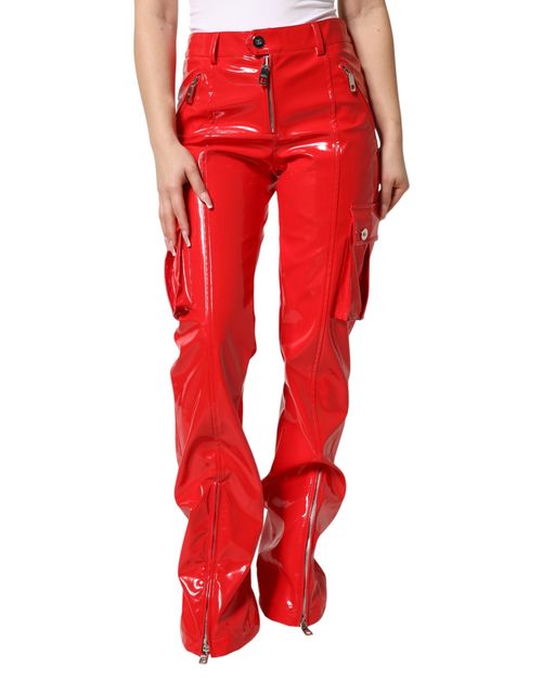 Glossy Polyester Cargo Boot Cut Cargo Pants — Red
