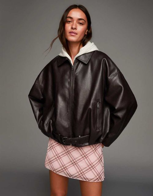 Belted faux leather jacket in brown