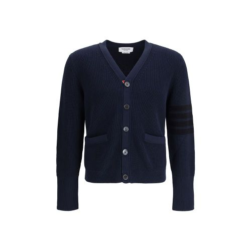 Striped Grosgrain-Trimmed Cotton Cardigan — Navy