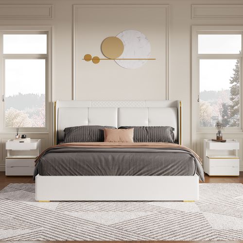 Queen Upholstered Platform Bed with Faux Leather Wingback Headboard & 2 Nightstands Set with Wireless Charger & Sensor Light & Bluetooth Speakers
