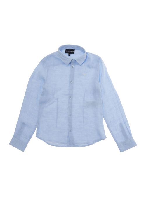 Light Blue Shirt with Classic Collar and Logo on Front in Linen for Kids Blouses - Kids