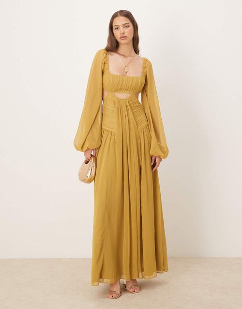ASOS DESIGN long sleeve cut-out maxi dress with ruched skirt in olive green