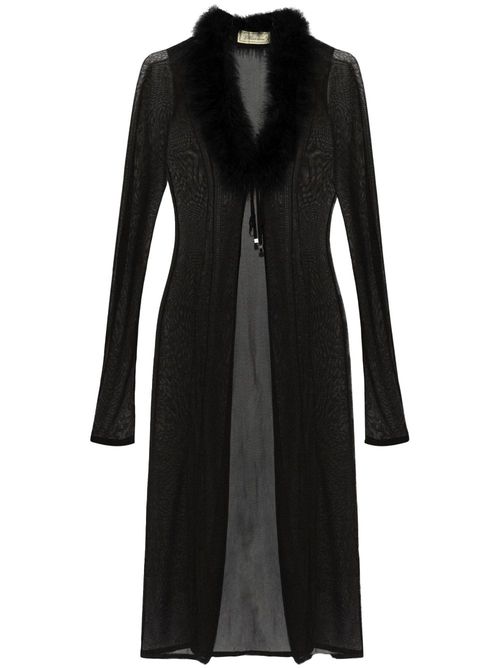 Feather-trim coat - N0990 BLACK