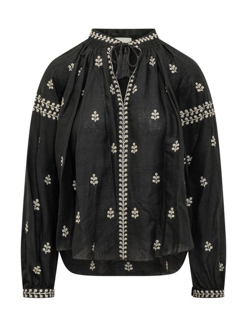 Elegant Blouse with Embroidery and Ruffled Neck