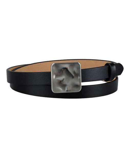 Women's Skinny Hammered Plaque Buckle Belt - Black