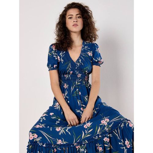 Apricot Watercolour Floral Smocked Maxi Dress In Blue