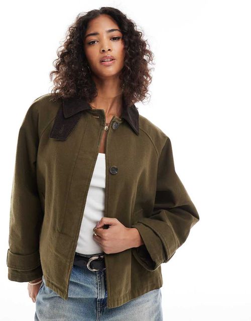 ASOS DESIGN barn jacket with contrast collar in khaki green