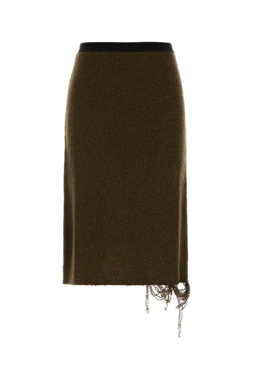 Distressed Wool-Blend Midi Skirt — Brown