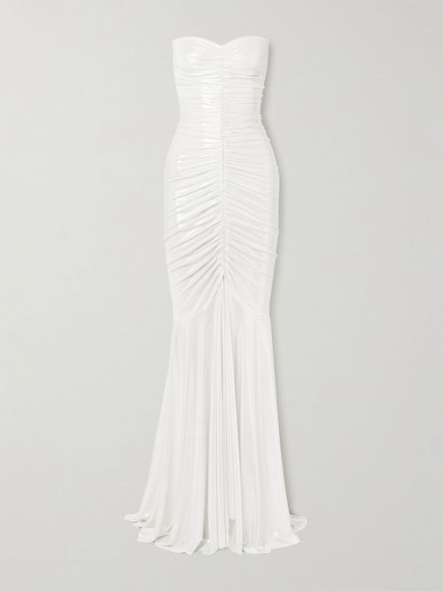 Strapless Ruched Stretch-lamé Gown - White