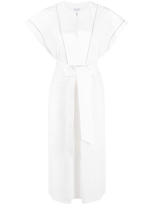 Cap-sleeve belted cotton dress - White