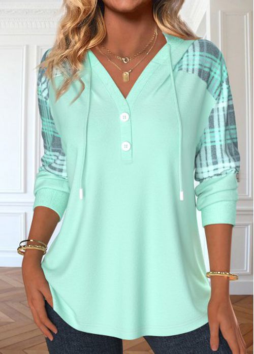Modlily Light Green Patchwork Plaid Long Sleeve Hoodie