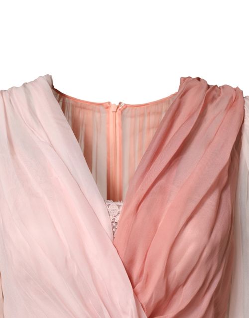 Silk Tulle Long Sleeve V-Neck Dress — Pink