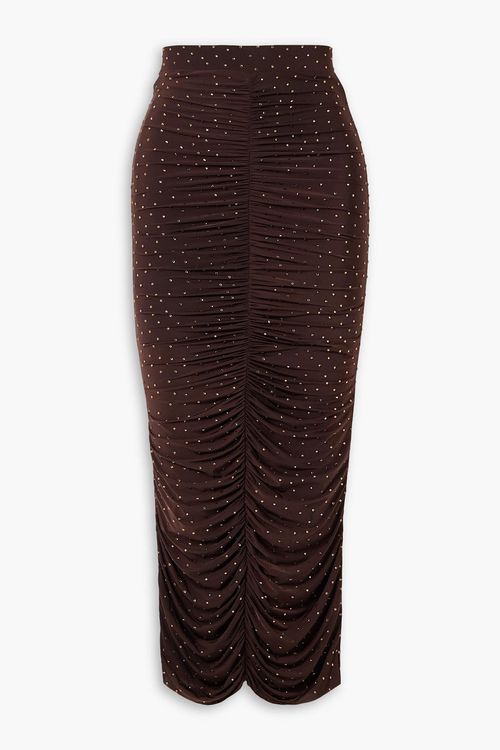 Haisley crystal-embellished ruched stretch-jersey midi skirt