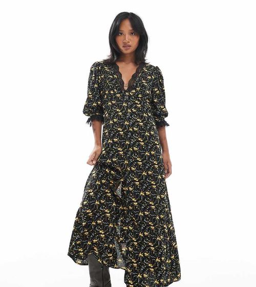 Lace trim button through maxi dress in black ditsy-Multi