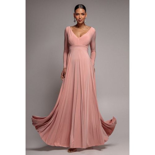 Goddiva Plunge Neck Long Sleeve A Line Maxi Dress - Blush Pink