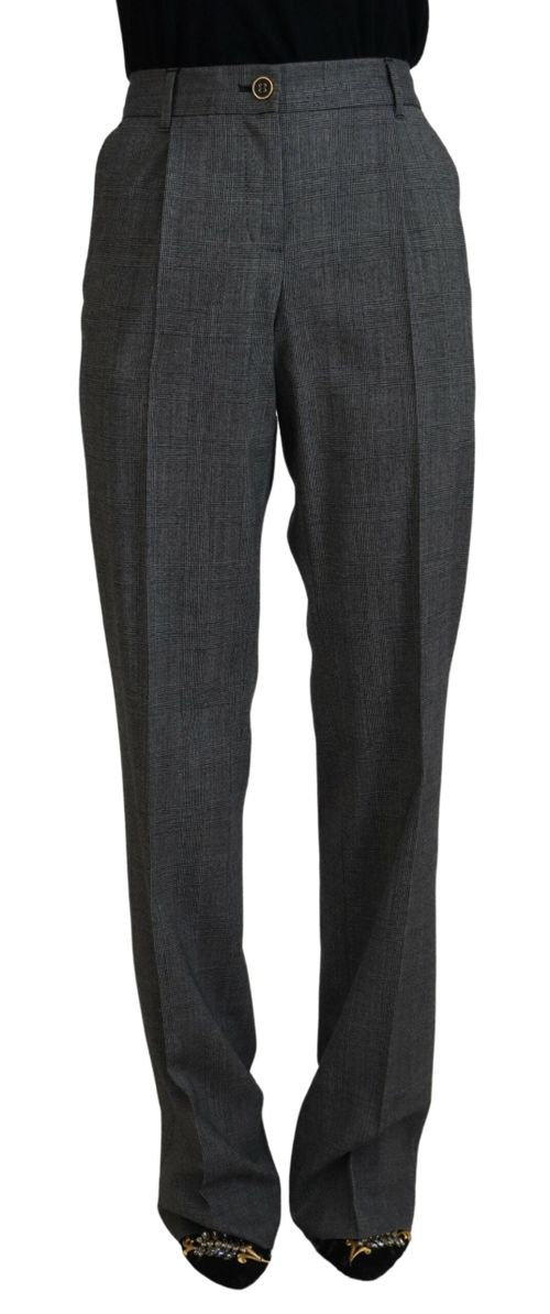 Wool Plaid High-Waist Trousers — Gray
