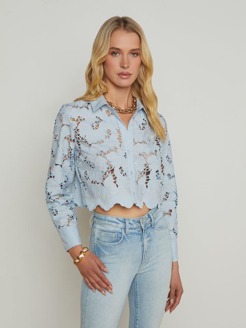 L'AGENCE Seychelle Lace Cropped Blouse Top In Blue Fog