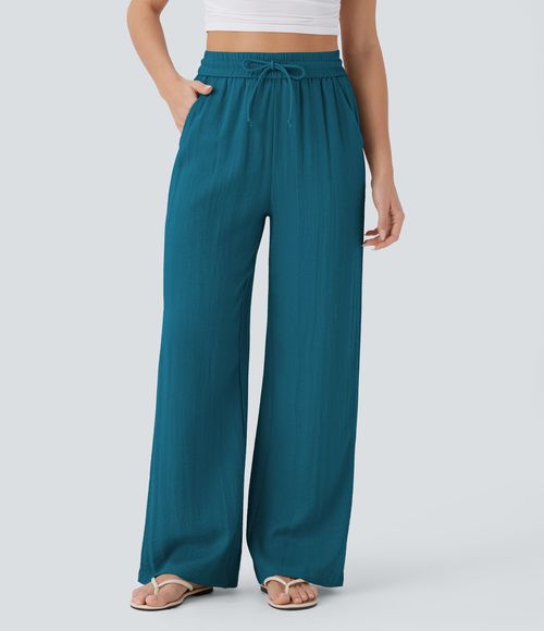 High Waisted Drawstring Pocket Wide Leg Baggy Casual Linen-Feel Pants  - Crystal Teal