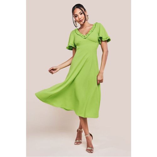 Goddiva Flare Sleeve Frill Edge Midi Dress - Lime Green