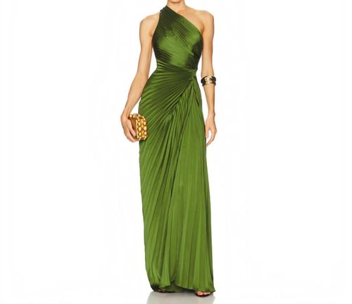 Lara One-Shoulder Plissé Satin Gown In Ivy